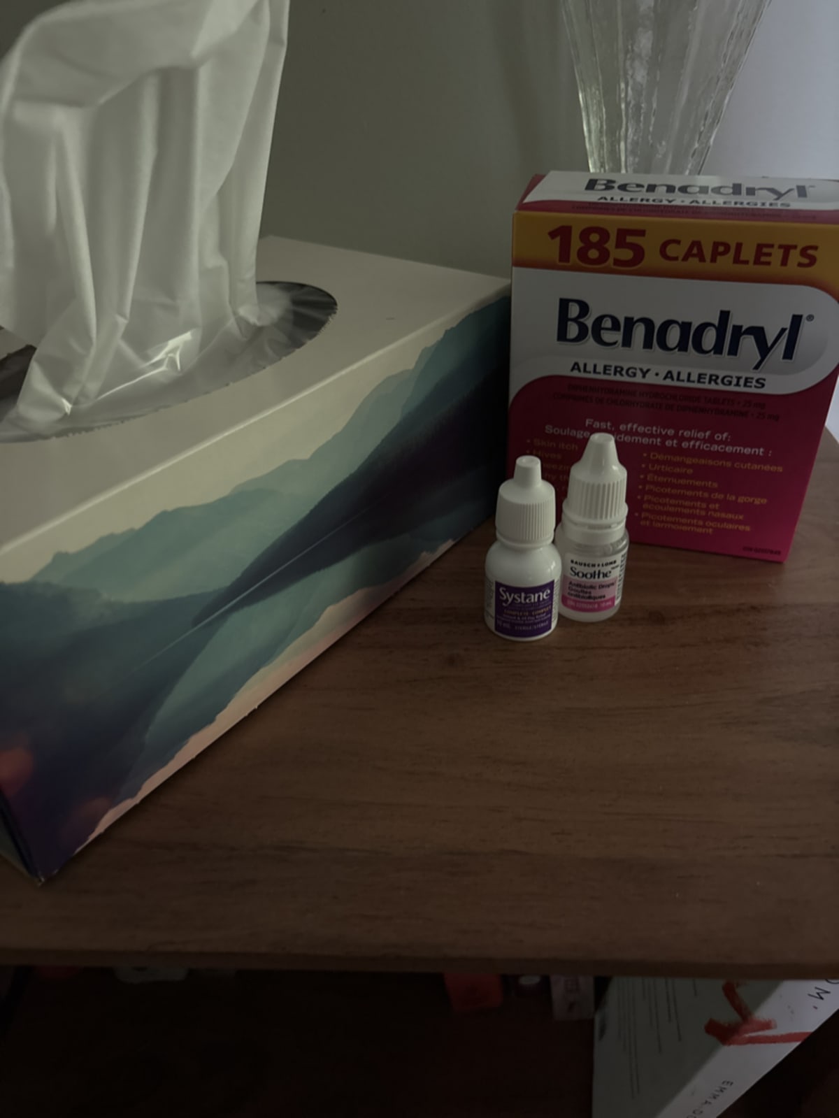 Allergy medication and eye drops ready for travel