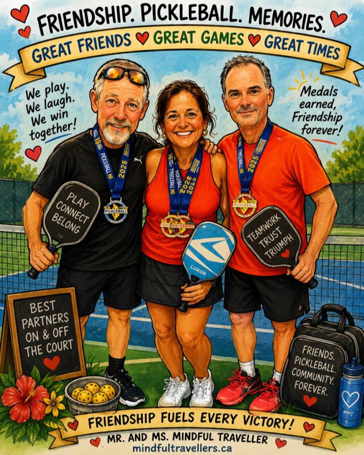 Pickleball teammates celebrating together after winning gold