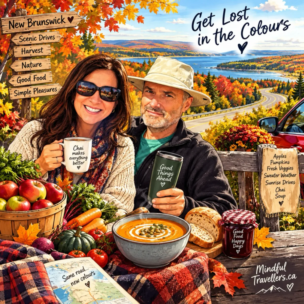 Autumn in New Brunswick — crisp mornings, harvest baskets, scenic drives through brilliant fall colours, and permission to slow down and savour the season.