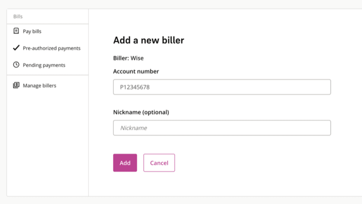 EQ Bank add biller form showing Wise as the biller name and P12345678 entered as the account number