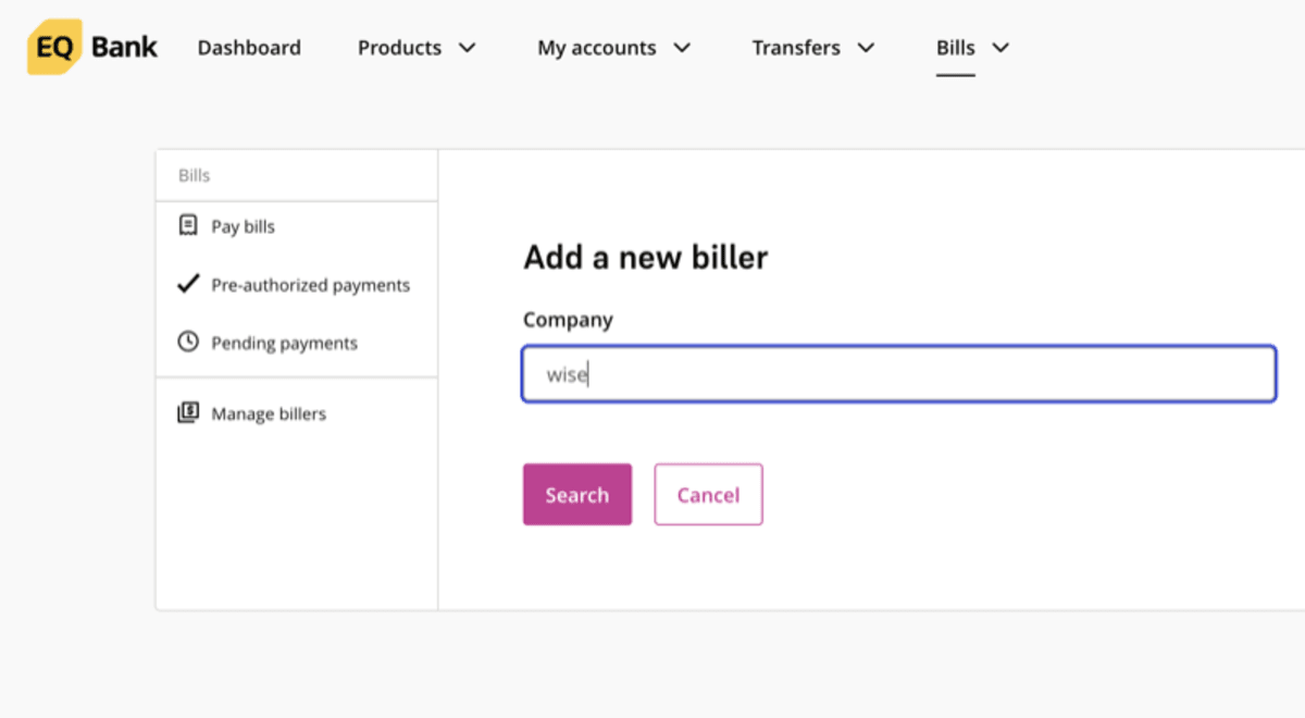EQ Bank bill payment screen showing search field with Wise entered as the biller name