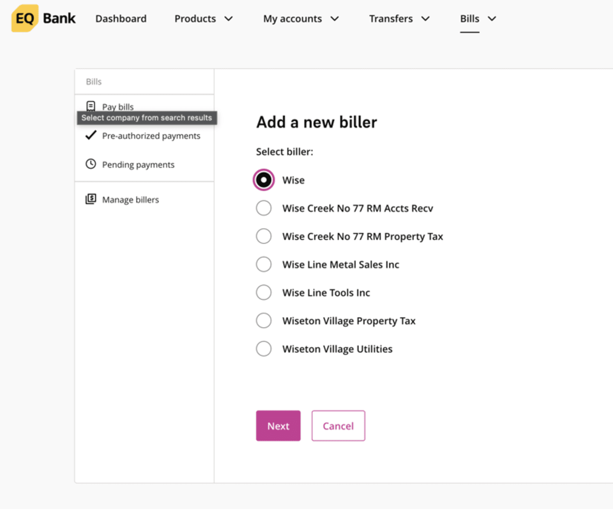 EQ Bank biller search results showing Wise selected among other companies with Wise in their name
