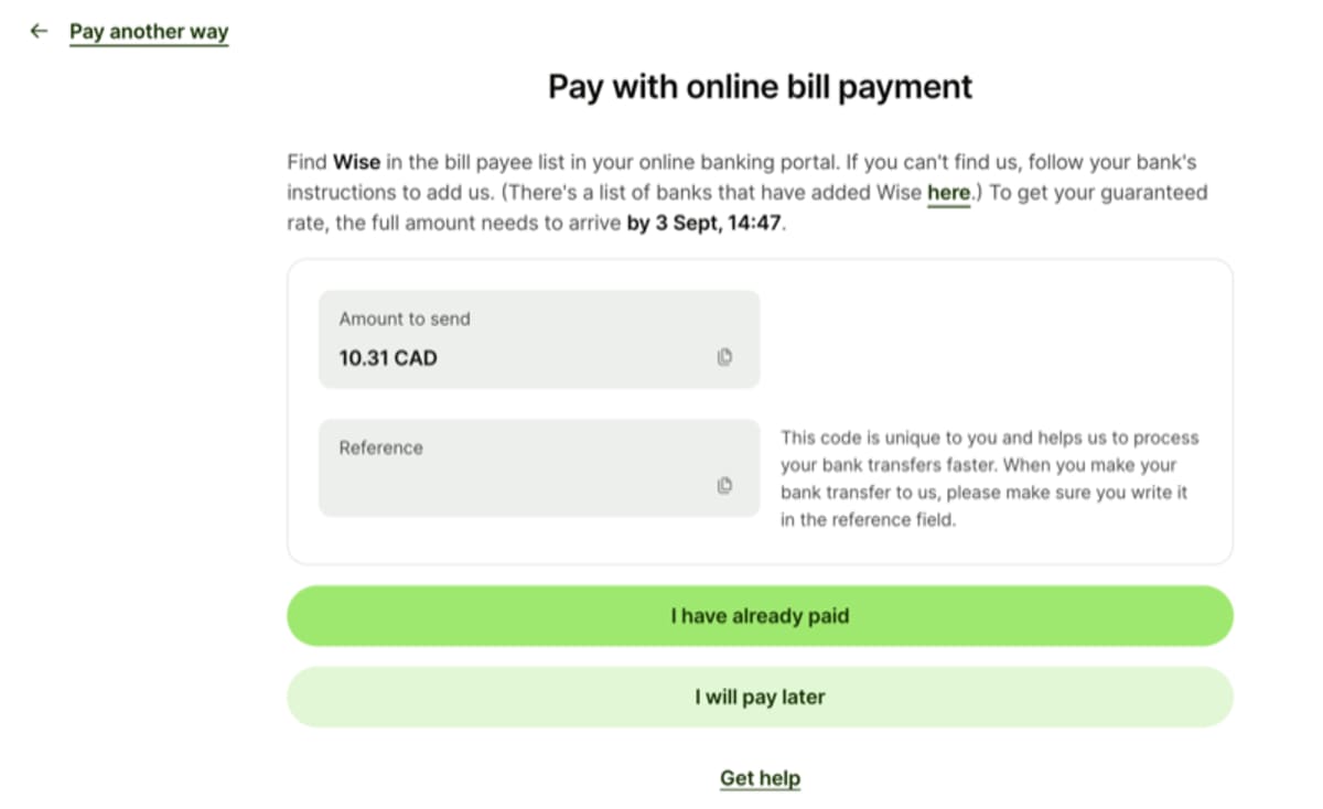 Wise bill payment final screen showing the unique reference number to use when sending the bank transfer