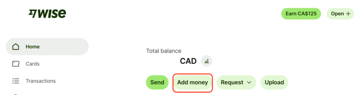 Wise dashboard showing the Add Money button on the CAD balance screen