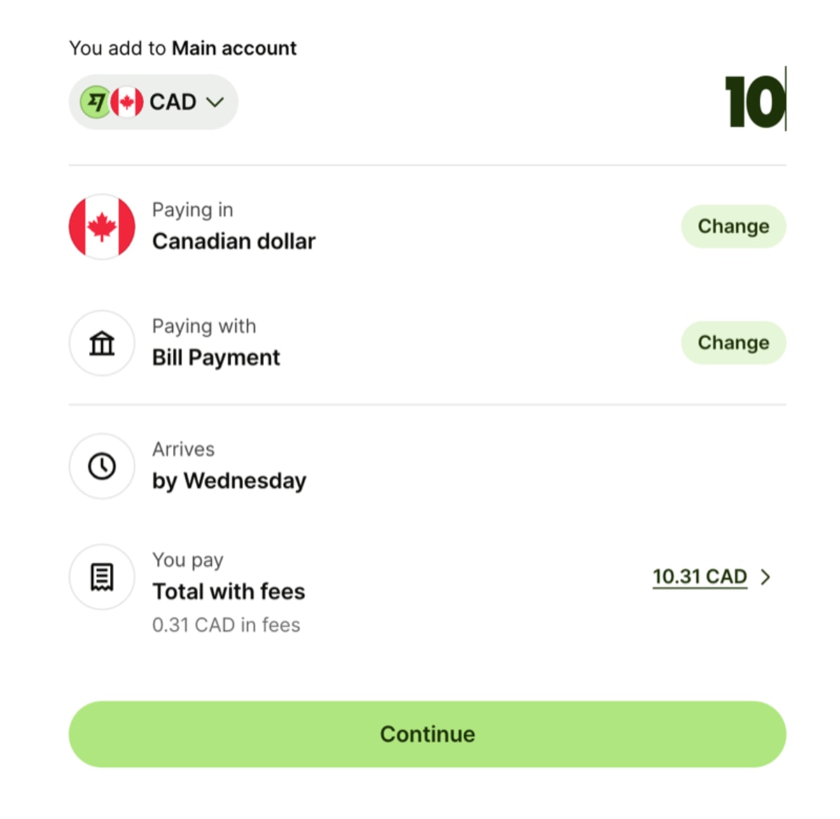 Wise transfer summary for 10 CAD funded via bill payment showing 0.31 CAD fee and 10.31 CAD total