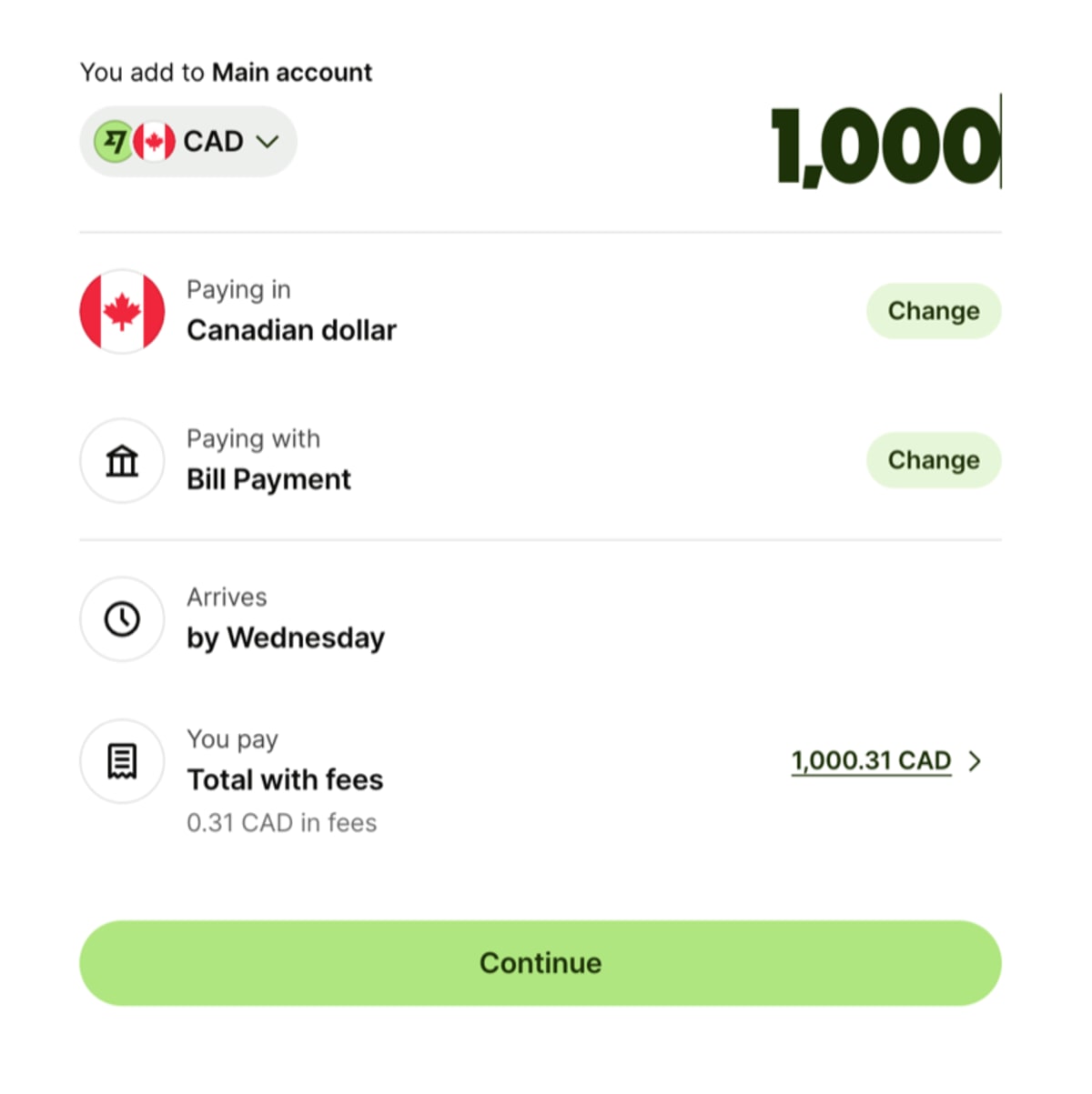 Wise transfer summary for 1000 CAD funded via bill payment showing 0.31 CAD fee and 1000.31 CAD total