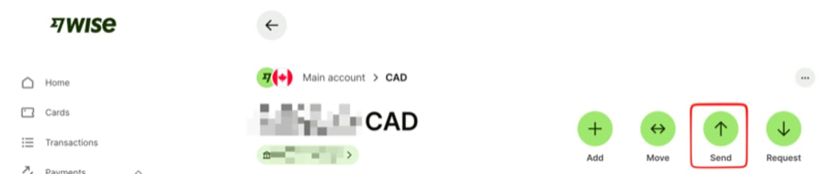 Wise app home screen showing the main CAD account with Send and Add money buttons