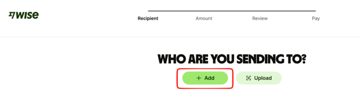 Wise send screen showing the Recipient, Amount, and Review steps