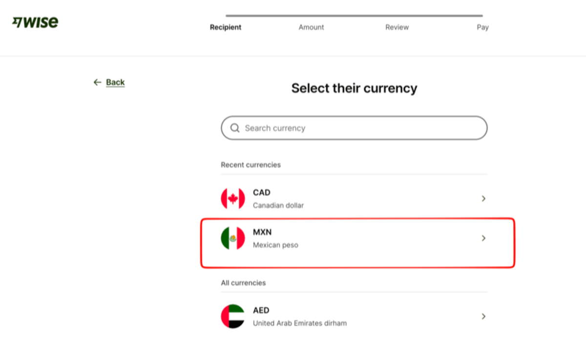 Wise currency selection screen showing MXN Mexican peso selected from recent currencies