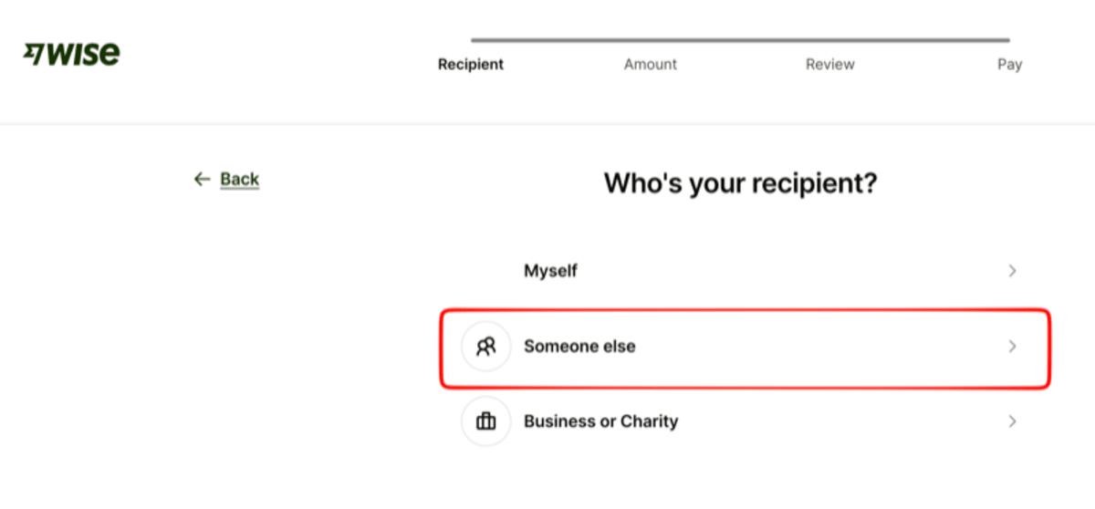 Wise recipient type selection showing Myself, Someone else, and Business or Charity options