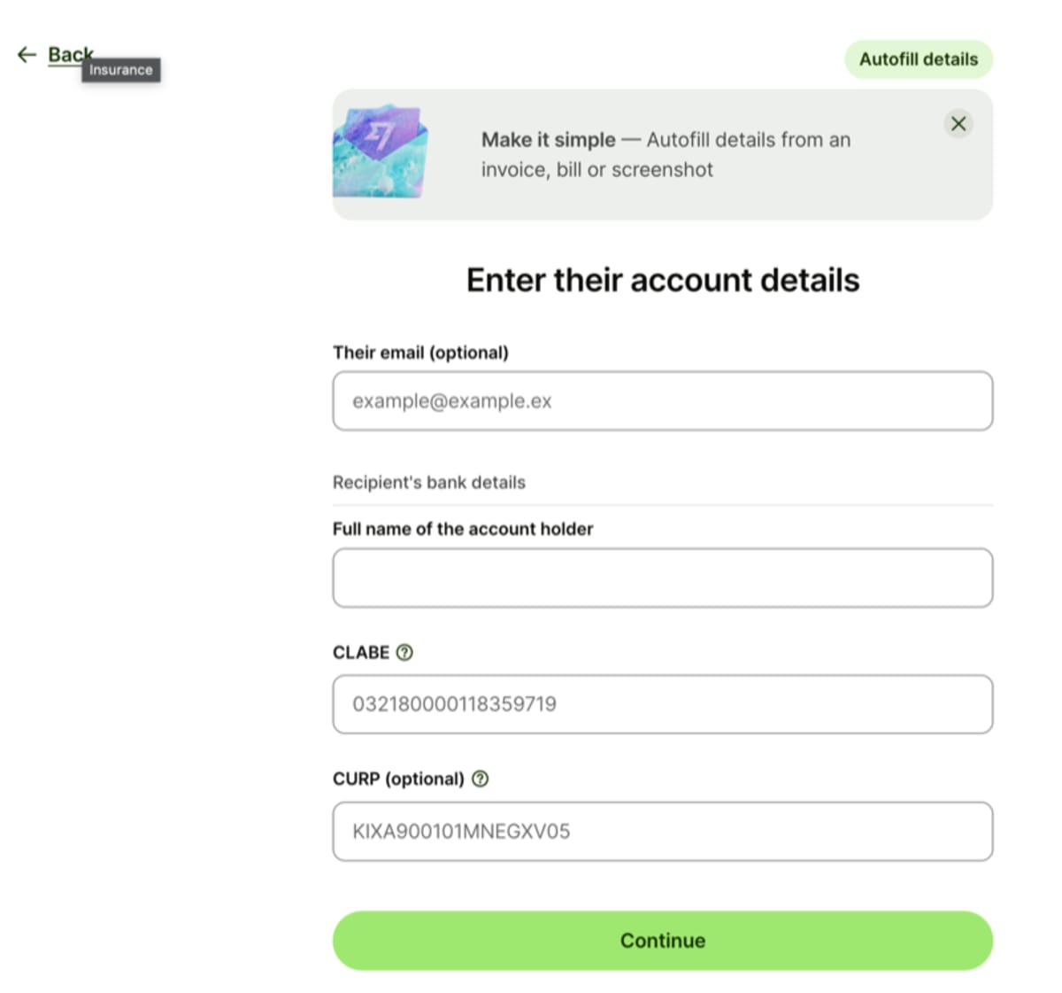 Wise bank details form for Mexico showing fields for email, account holder full name, CLABE number, and optional CURP