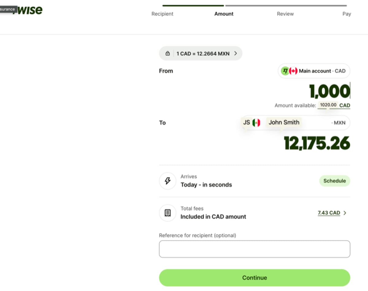 Wise amount entry screen showing 1000 CAD converting to 12175.26 MXN at 1 CAD equals 12.2664 MXN with 7.43 CAD fee