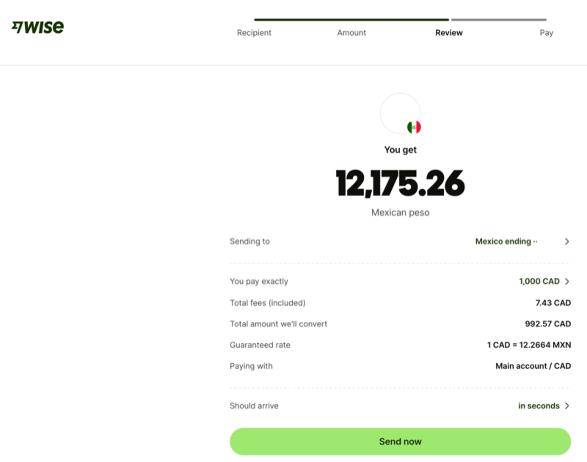 Wise transfer review screen showing 1000 CAD total, 7.43 CAD fee, 992.57 CAD converted, guaranteed rate 1 CAD equals 12.2664 MXN, recipient gets 12175.26 MXN