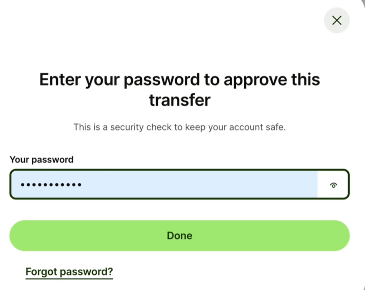 Wise security check screen asking for password to approve the transfer