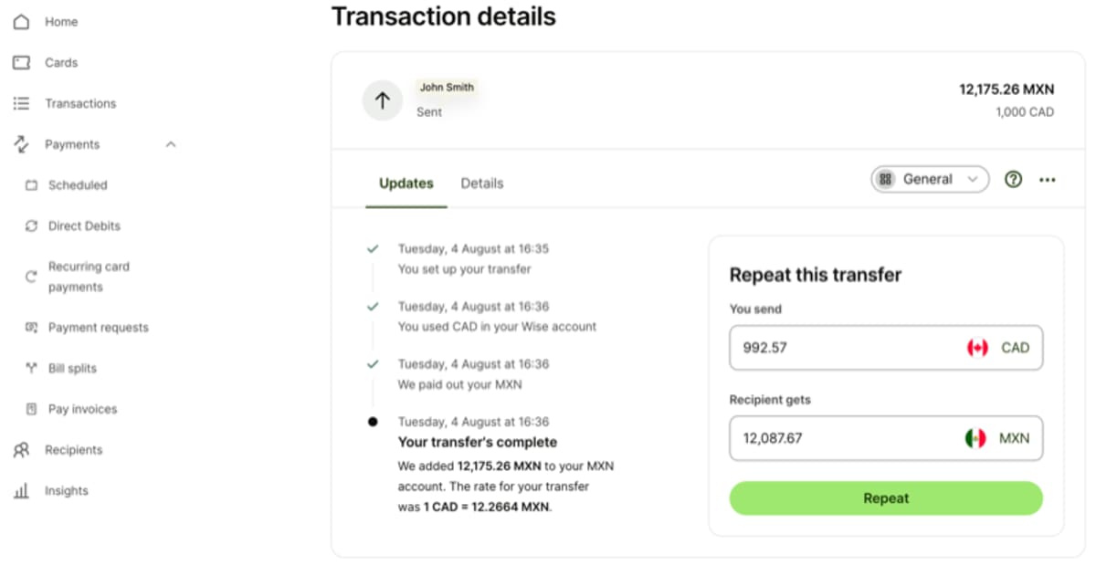 Wise transfer complete screen showing transaction details for John Smith, 1000 CAD sent and 12175.26 MXN received at 1 CAD equals 12.2664 MXN