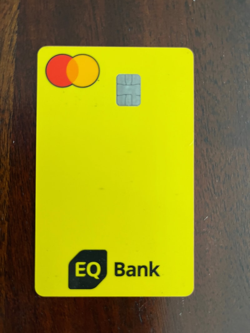 EQ Bank debit card front showing Mastercard logo and card design